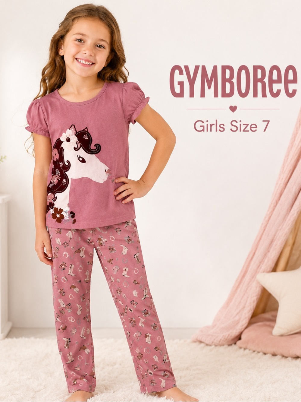 Gymboree Pink Pajama Set with Ruffled Top and Floral Bottoms/girls size 7